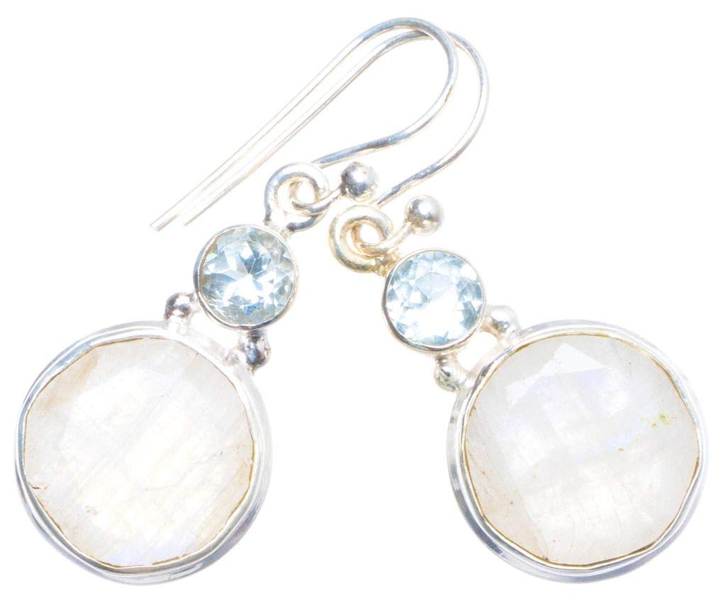 StarGems  Natural Rainbow Moonstone and Blue Topaz Handmade Unique 925 Sterling Silver Earrings 1.25