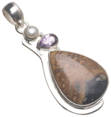 StarGems  Natural Picasso Jasper,Amethyst and River Pearl Mexican 925 Sterling Silver Pendant 2