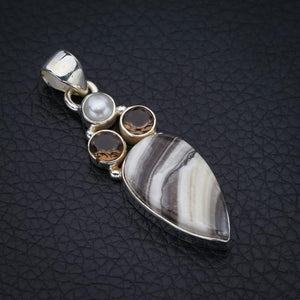 StarGems  Natural Zebra Calcite Smoky Quartz And River PearlHandmade 925 Sterling Silver Pendant 1.75" F4570