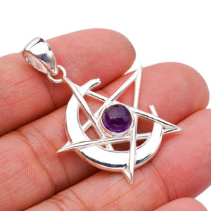 StarGems  Natural Amethyst Star And Moon Handmade 925 Sterling Silver Pendant 1.5" F5343