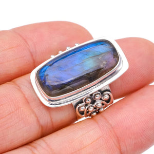 StarGems® Natural Labradorite Wide Band Handmade 925 Sterling Silver Ring 7.75 F2626