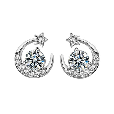 StarGems 0.5ct Moissanite 925 Silver Platinum Plated Moon&Star Zirconia Stud B4651