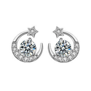 StarGems 0.5ct Moissanite 925 Silver Platinum Plated Moon&Star Zirconia Stud B4651