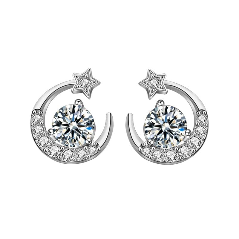 StarGems 0.5ct Moissanite 925 Silver Platinum Plated Moon&Star Zirconia Stud B4651