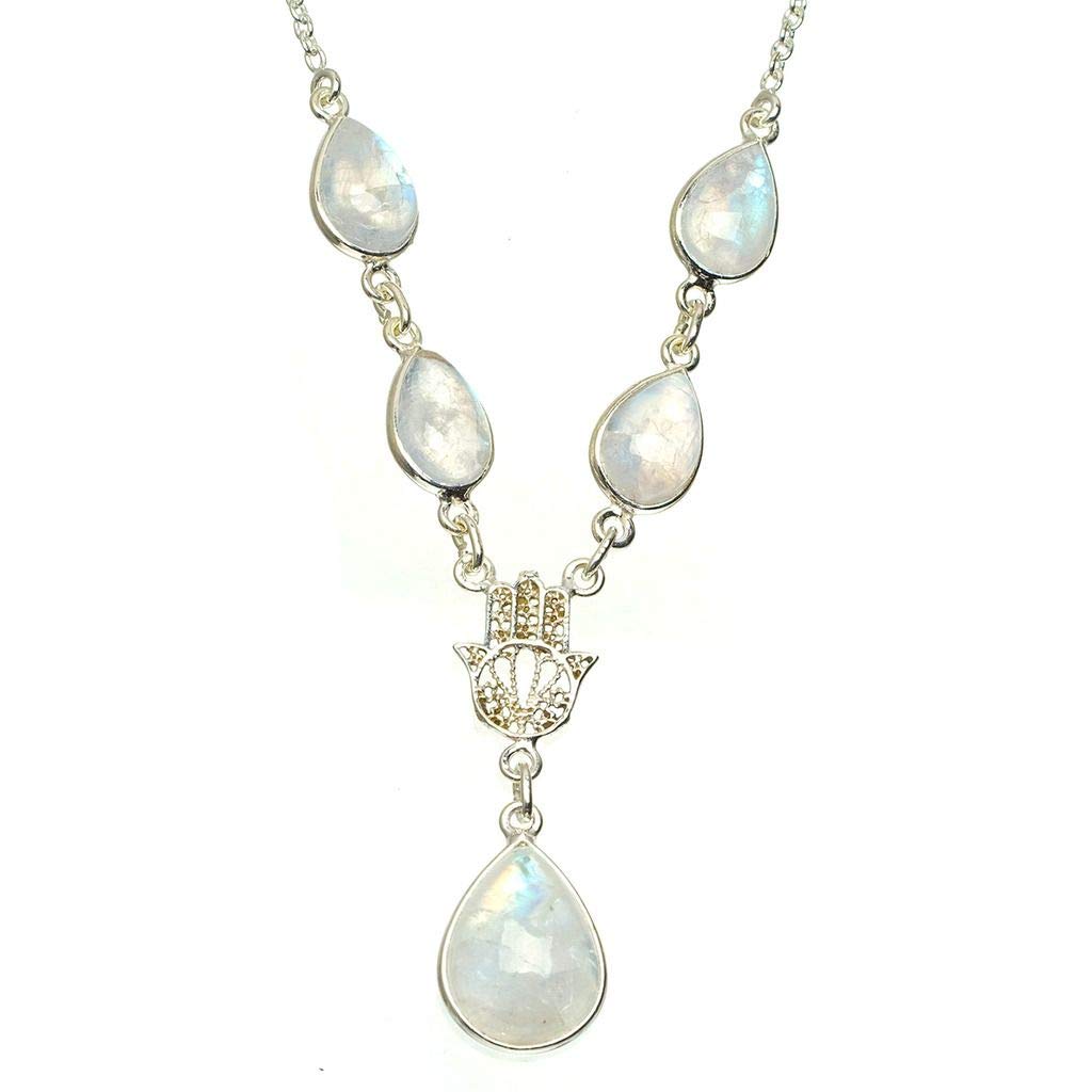 StarGems  Natural Rainbow Moonstone Handmade Unique 925 Sterling Silver Necklace 15.75+1.5