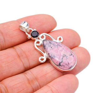 StarGems  Natural Rhodonite Black OnyxHandmade 925 Sterling Silver Pendant 1.75" F3593