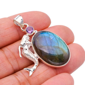 StarGems  Natural Blue Fire Labradorite Amethyst Mermaid Handmade 925 Sterling Silver Pendant 1.75" F5254