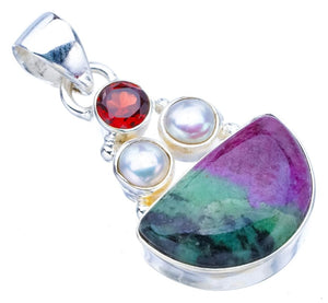 StarGems  Natural Ruby Zoisite Garnet And River Pearl Handmade 925 Sterling Silver Pendant 1.5" F4658