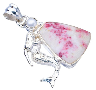 StarGems® Natural Rhodonite River Pearl MermaidHandmade 925 Sterling Silver Pendant 1.5