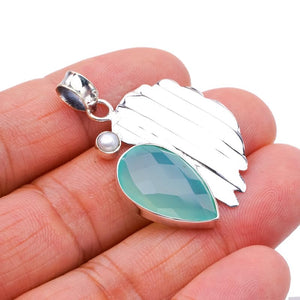 StarGems  Natural Chalcedony River Pearl Leaf Handmade 925 Sterling Silver Pendant 1.5" F3974