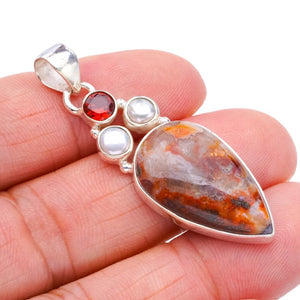 StarGems  Natural Crazy Lace Agate Garnet And River PearlHandmade 925 Sterling Silver Pendant 2" F4267