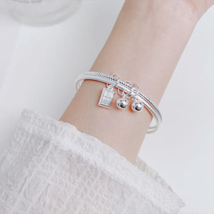 StarGems  Fixed Double-Layer Bell and fortune Brick Handmade Stacked 999 Sterling Silver Bangle Bracelets For Women Cb0262