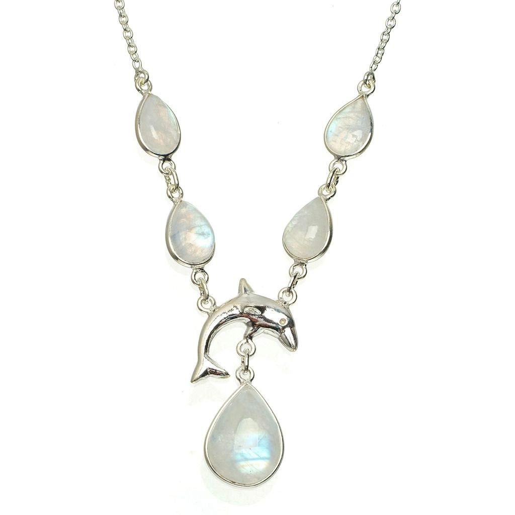 StarGems  Natural Rainbow Moonstone Handmade Unique 925 Sterling Silver Necklace 16.25+1.25