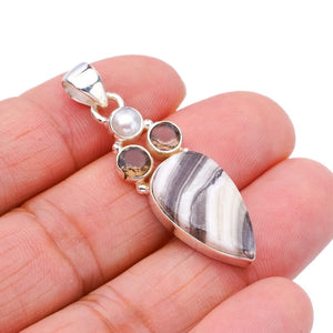 StarGems  Natural Zebra Calcite Smoky Quartz And River PearlHandmade 925 Sterling Silver Pendant 1.75" F4570