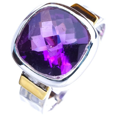 StarGems  Natural Amethyst Two Tones Handmade 925 Sterling Silver Ring 7.5 E9262