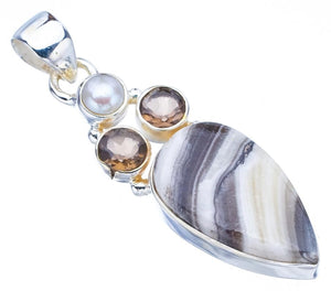 StarGems  Natural Zebra Calcite Smoky Quartz And River PearlHandmade 925 Sterling Silver Pendant 1.75" F4570