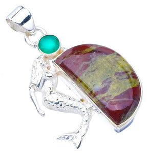 StarGems® Natural Blood Stone Chrysoprase MermaidHandmade 925 Sterling Silver Pendant 1.75" F5195