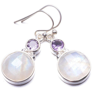 StarGems  Natural Moonstone and Amethyst Handmade Unique 925 Sterling Silver Earrings 1.25" Y3756