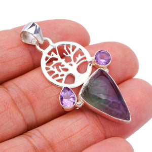 StarGems  Natural Fluorite Amethyst TreeHandmade 925 Sterling Silver Pendant 1.75" F4487