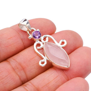 StarGems  Natural Rose Quartz Amethyst Handmade 925 Sterling Silver Pendant 1.5" F5272