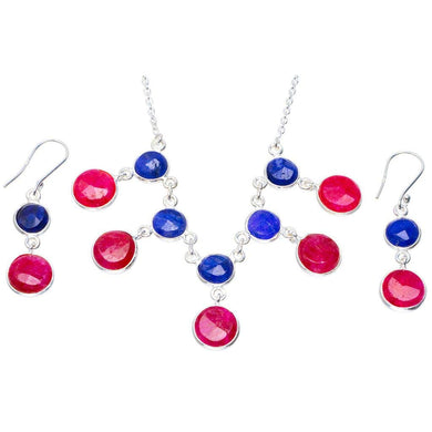 StarGems® Natural Cherry Ruby and Sapphire 925 Sterling Silver Jewelry Set Necklace 17