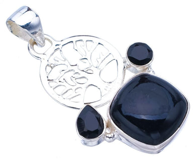 StarGems  Natural Black Onyx TreeHandmade 925 Sterling Silver Pendant 1.75