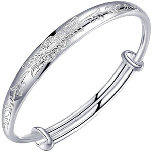 StarGems  Adjustable Carved Flowers Handmade 999 Sterling Silver Bangle Bracelet For Women Cb0223