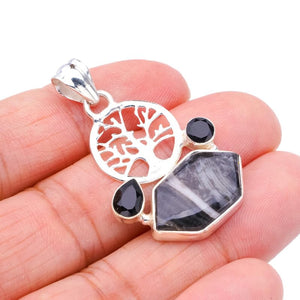 StarGems  Natural Pinolith Jasper Black Onyx Tree Handmade 925 Sterling Silver Pendant 1.75" F4553