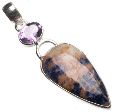 StarGems  Natural Navy Sodalite and Amethyst Handmade Vintage 925 Sterling Silver Pendant 2 1/4