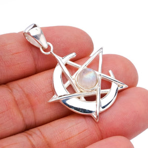 StarGems® Natural Moonstone Moon And StarHandmade 925 Sterling Silver Pendant 1.5" F5081