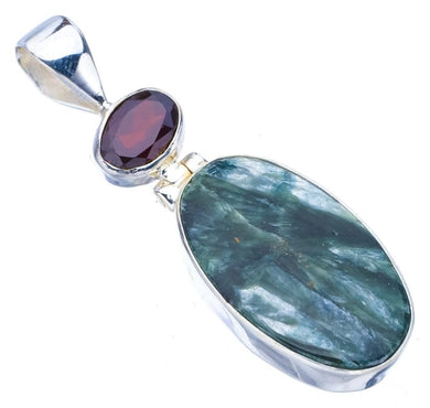 StarGems  Natural Seraphinite Garnet Handmade 925 Sterling Silver Pendant 1.75