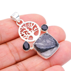 StarGems® Natural Pinolith Jasper Black Onyx Tree Handmade 925 Sterling Silver Pendant 1.75" F4535