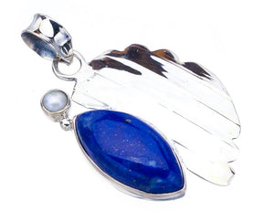 StarGems  Natural Lapis Lazuli River Pearl LeafHandmade 925 Sterling Silver Pendant 1.5" F5375