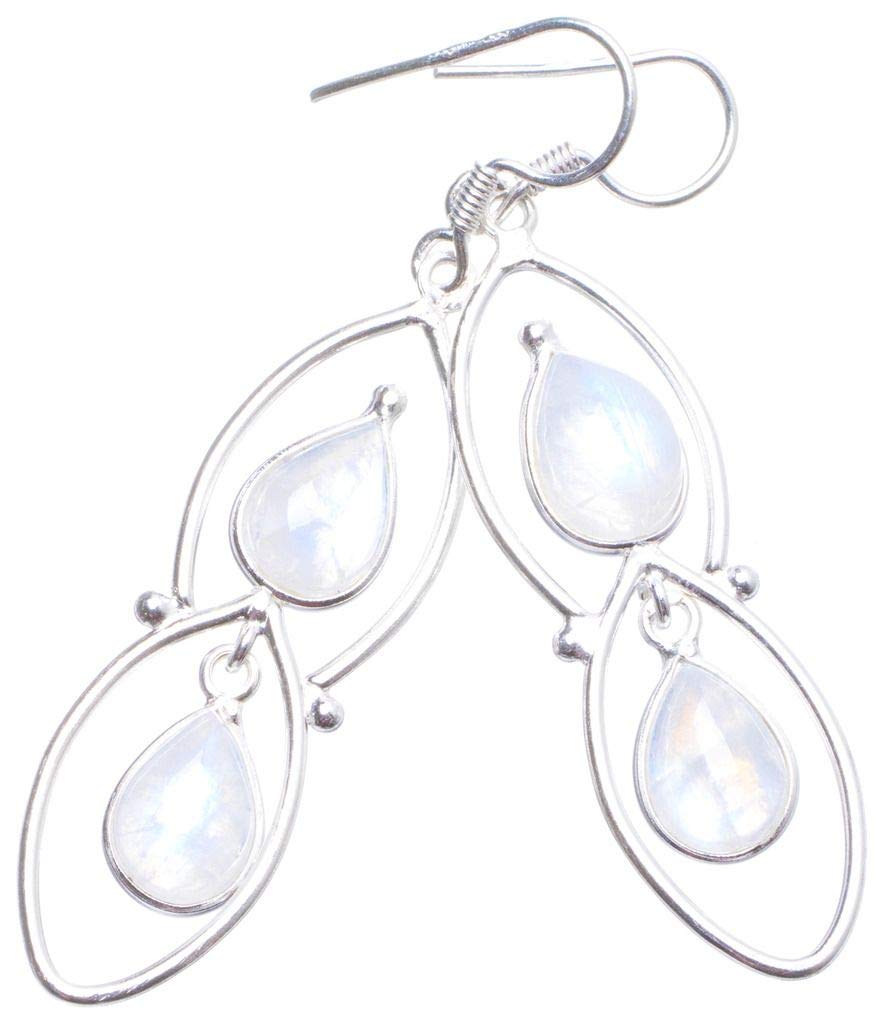 StarGems  Natural Rainbow Moonstone Handmade Unique 925 Sterling Silver Earrings 2.25