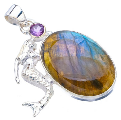 StarGems  Natural Blue Fire Labradorite Amethyst Mermaid Handmade 925 Sterling Silver Pendant 1.75