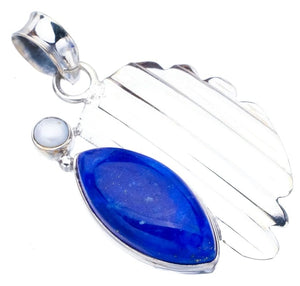 StarGems  Natural Lapis Lazuli River Pearl Leaf Handmade 925 Sterling Silver Pendant 1.5" F5388