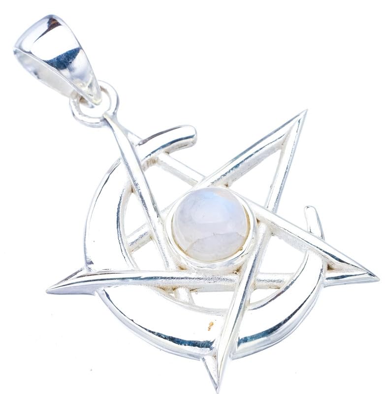 StarGems  Natural Moonstone Moon And StarHandmade 925 Sterling Silver Pendant 1.75