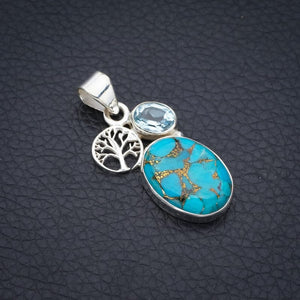 StarGems  Natural Copper Turquoise Blue Topaz Tree Handmade 925 Sterling Silver Pendant 1.5" F3871