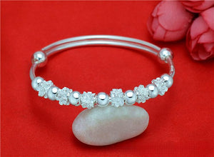 StarGems  Adjustable Beads&flower Handmade 999 Sterling Silver Bangle Bracelet For Women Cb0203