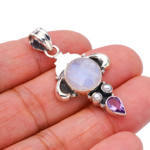 StarGems  Natural Moonstone Amethyst Handmade 925 Sterling Silver Pendant 1.75" F5009