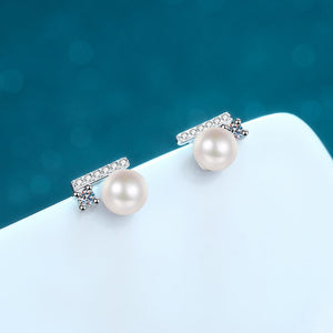 StarGems® 8mm AAAA Pearls 0.216cttw Moissanite 925 Silver Platinum Plated Stud Earrings EX068