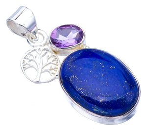 StarGems  Natural Lapis Lazuli Amethyst TreeHandmade 925 Sterling Silver Pendant 1.5" F5414