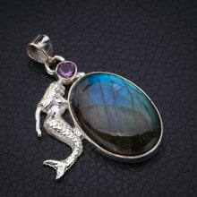 StarGems  Natural Blue Fire Labradorite Amethyst Mermaid Handmade 925 Sterling Silver Pendant 1.75" F5254