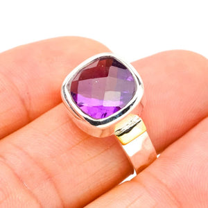 StarGems  Natural Amethyst Two Tones Handmade 925 Sterling Silver Ring 7.5 E9262