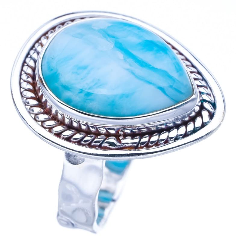 StarGems  Natural Larimar Hammered Handmade 925 Sterling Silver Ring 7.75 F1402