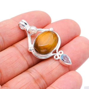 StarGems  Natural Tiger Eye River Pearl And Blue TopazHandmade 925 Sterling Silver Pendant 1.75" F4085