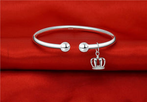 StarGems® Opening Crown Double Beads Handmade 999 Sterling Silver Bangle Cuff Bracelet For Women Cb0120