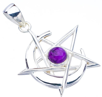 StarGems® Natural Amethyst Star And MoonHandmade 925 Sterling Silver Pendant 1.5