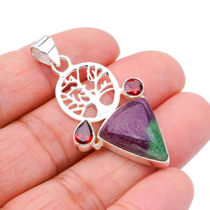 StarGems  Natural Ruby Zoisite Garnet TreeHandmade 925 Sterling Silver Pendant 1.75" F4643