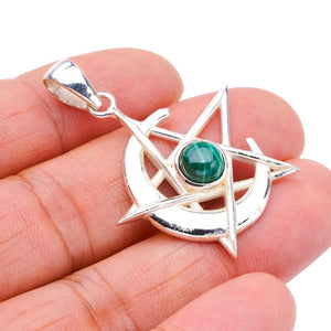 StarGems® Natural Malachite Star And MoonHandmade 925 Sterling Silver Pendant 1.75" F3690